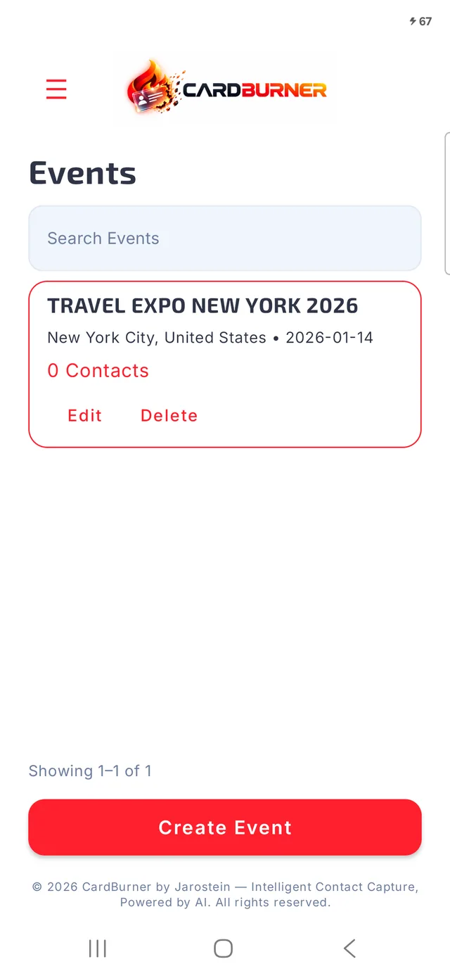 CardBurner Events screen showing the Travel Expo New York 2026 event