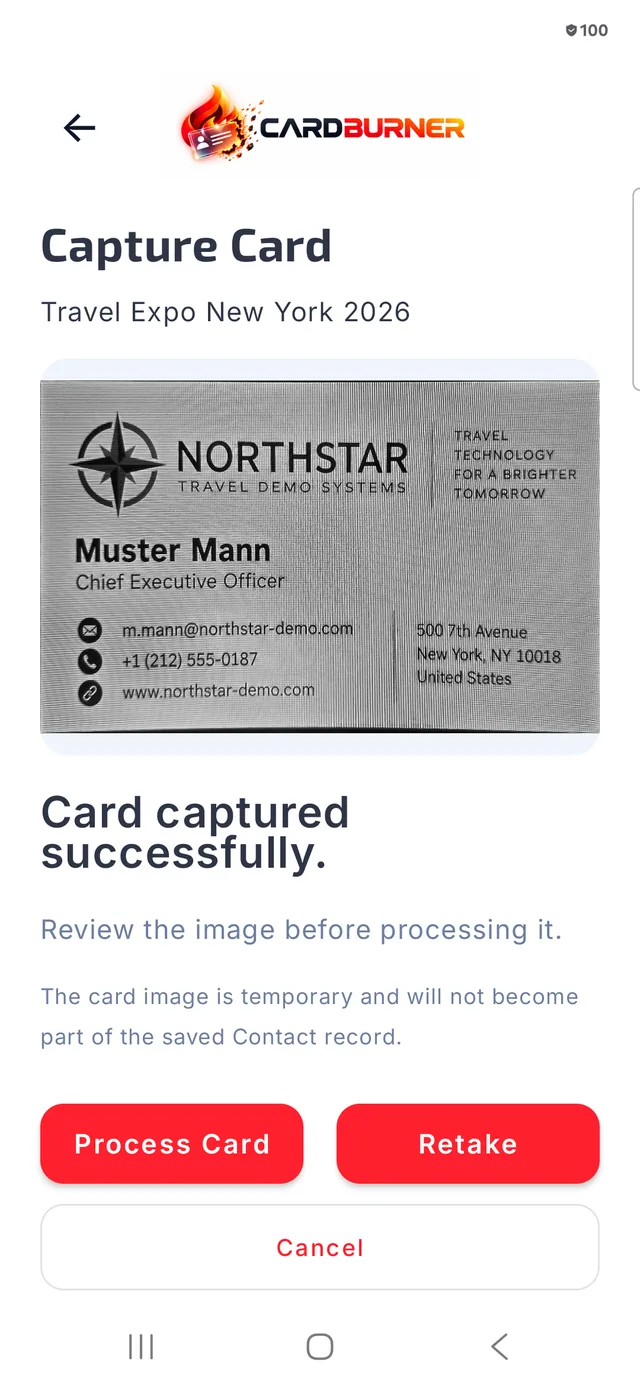CardBurner camera screen capturing a demo business card