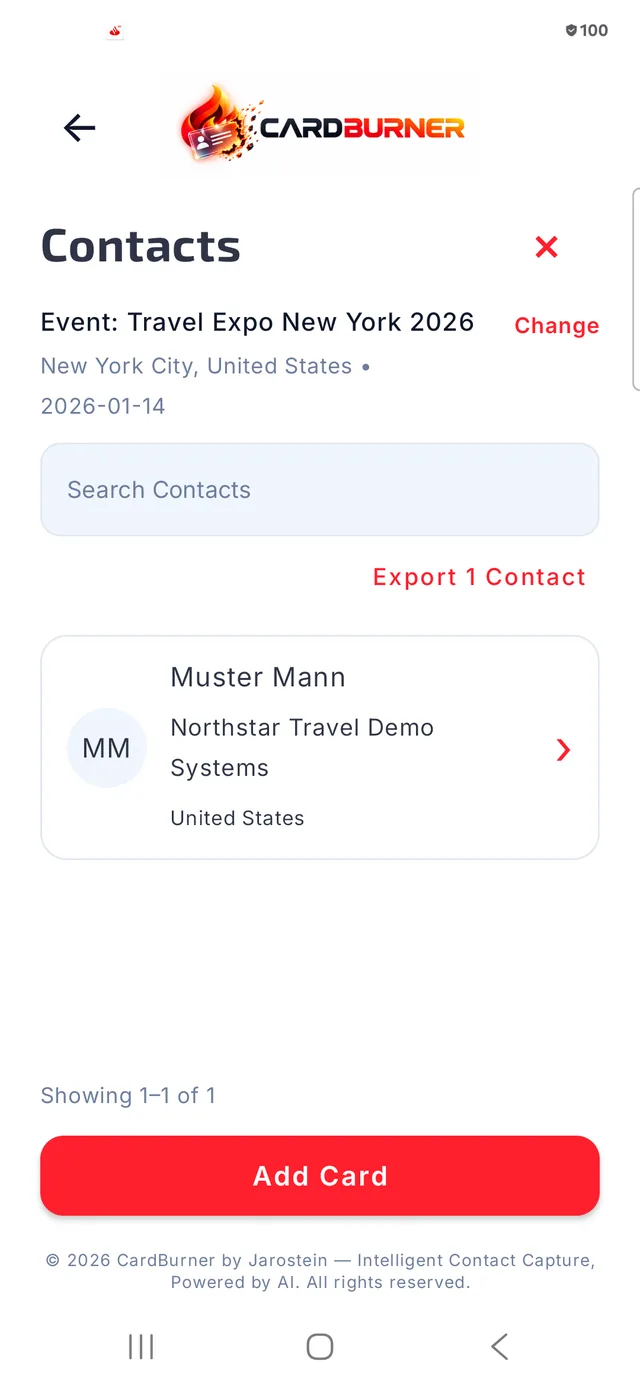 CardBurner Contacts screen with the saved demo contact and export entry point