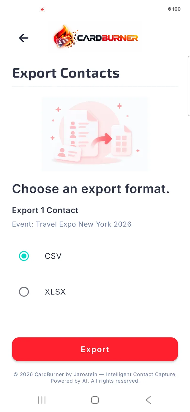 CardBurner export screen with CSV and XLSX format options for Travel Expo New York 2026